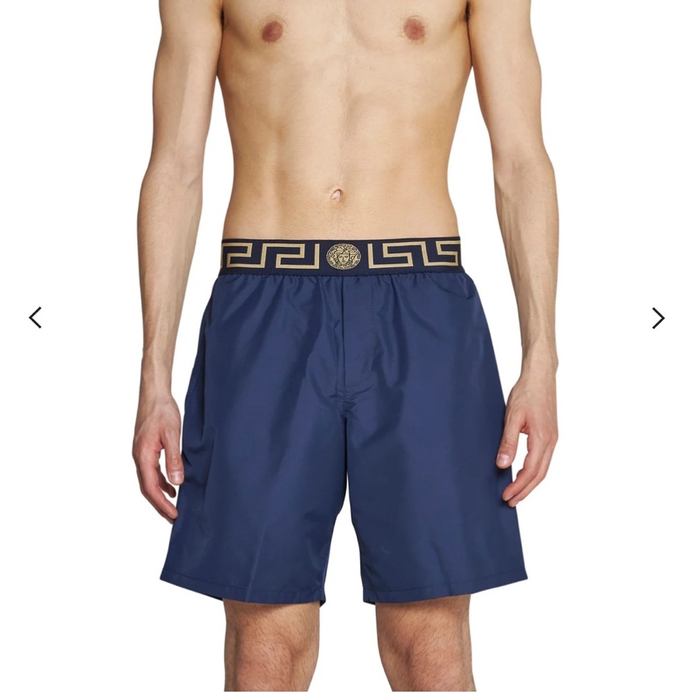 NWT Men’s Versace Blue Boardshorts  with Gold Greca Waistband Swim Shorts